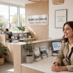 Modern dental clinic reception with a smiling patient