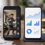 Two smartphones side by side showing a short-video app and an ads dashboard on a marketing desk