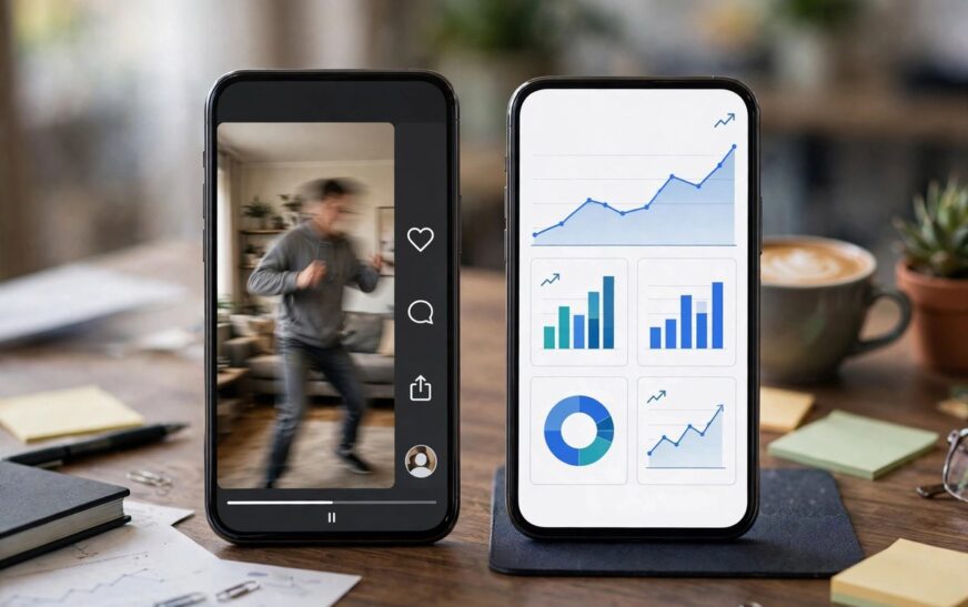 Two smartphones side by side showing a short-video app and an ads dashboard on a marketing desk