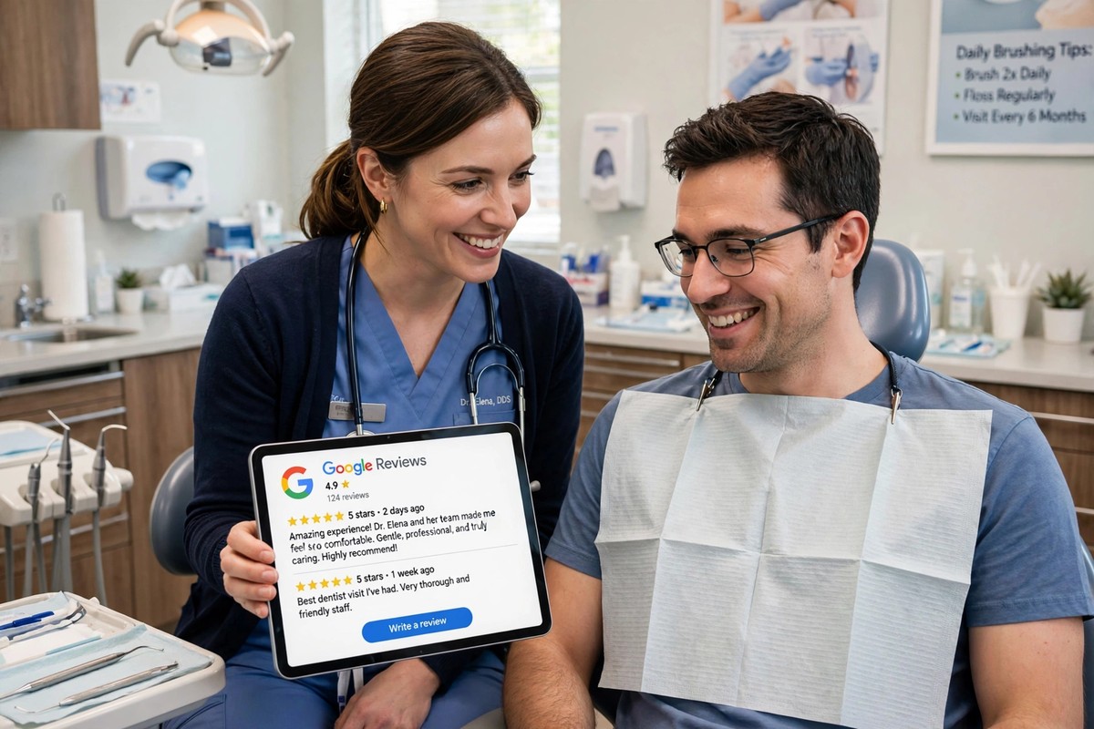 Dentist showing patient reviews on a tablet in a dental clinic