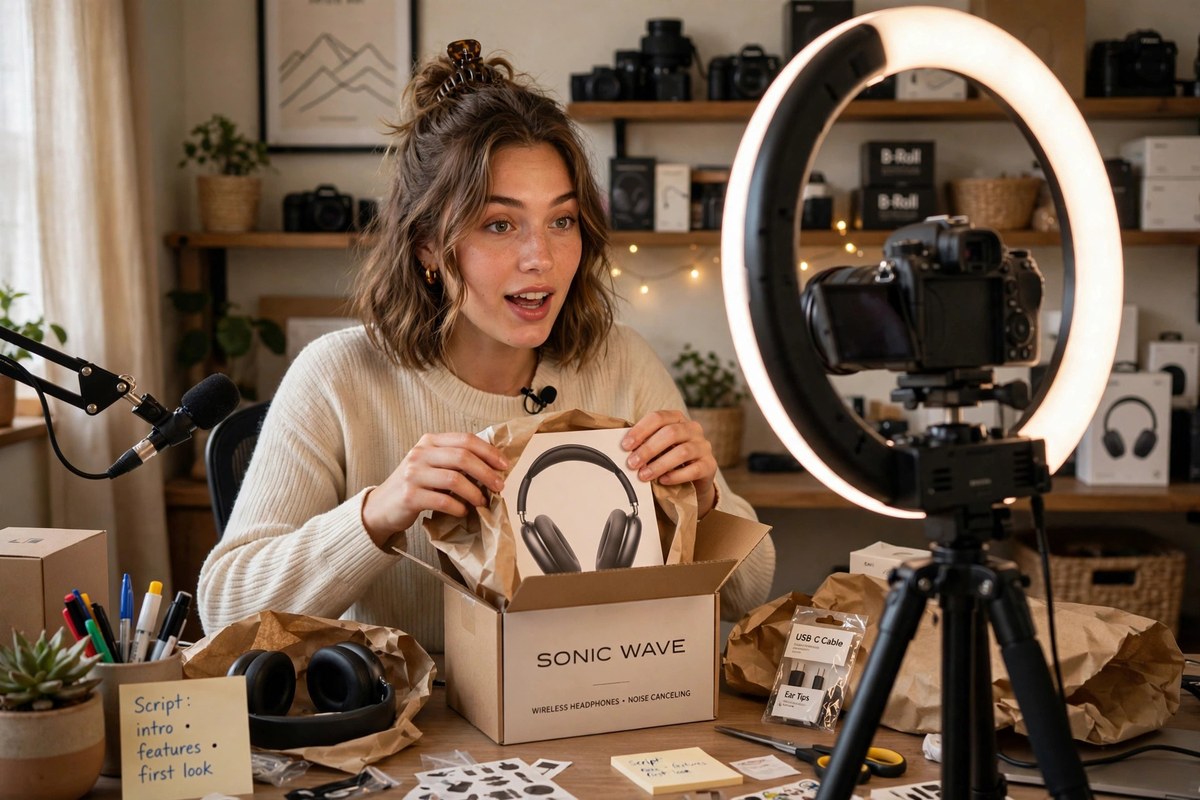 Creator filming a product unboxing video with a ring light in a home studio