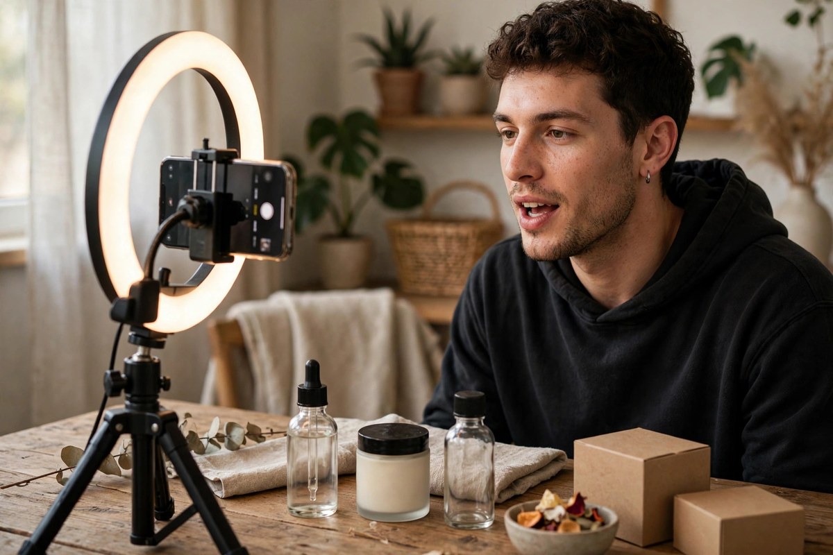 Person filming a product video with a smartphone and ring light for social commerce