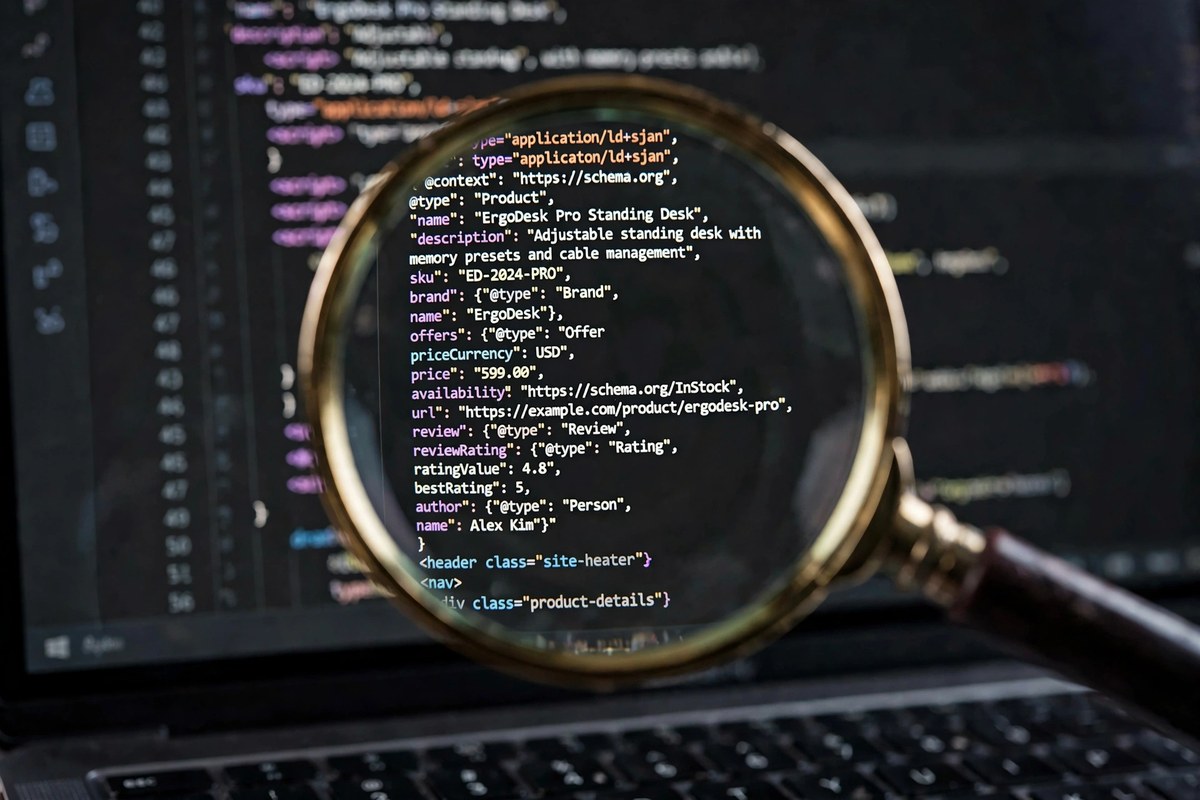 Close-up of website code and structured data markup under a magnifying glass