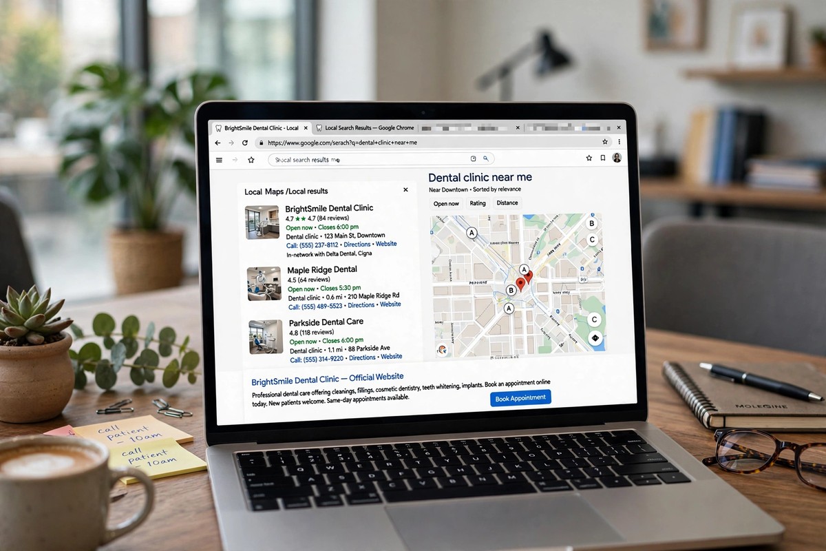 Laptop displaying a dental clinic website and local search results