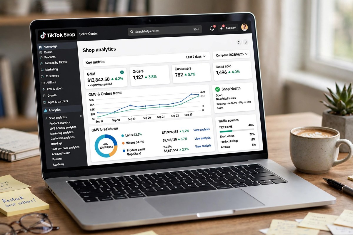 Laptop showing the TikTok Shop seller dashboard with analytics