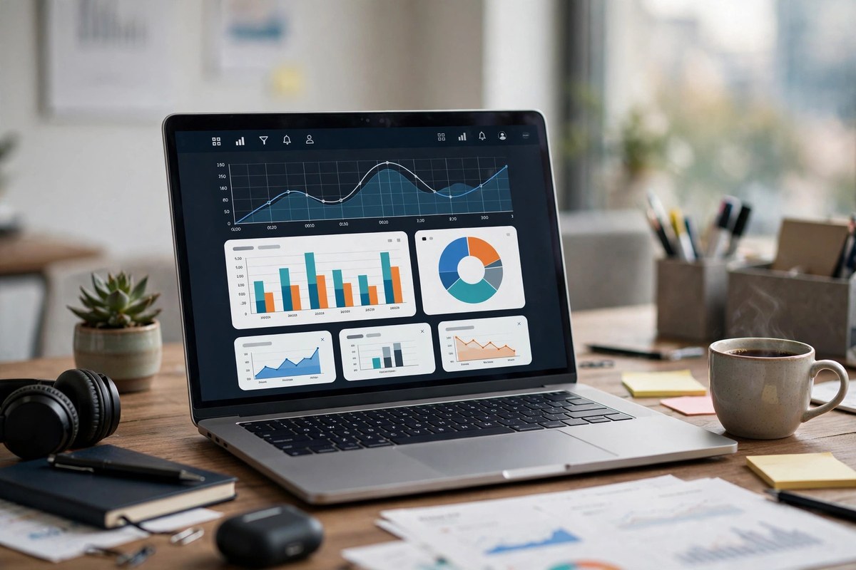 Laptop showing an advertising analytics dashboard with charts in a marketing workspace