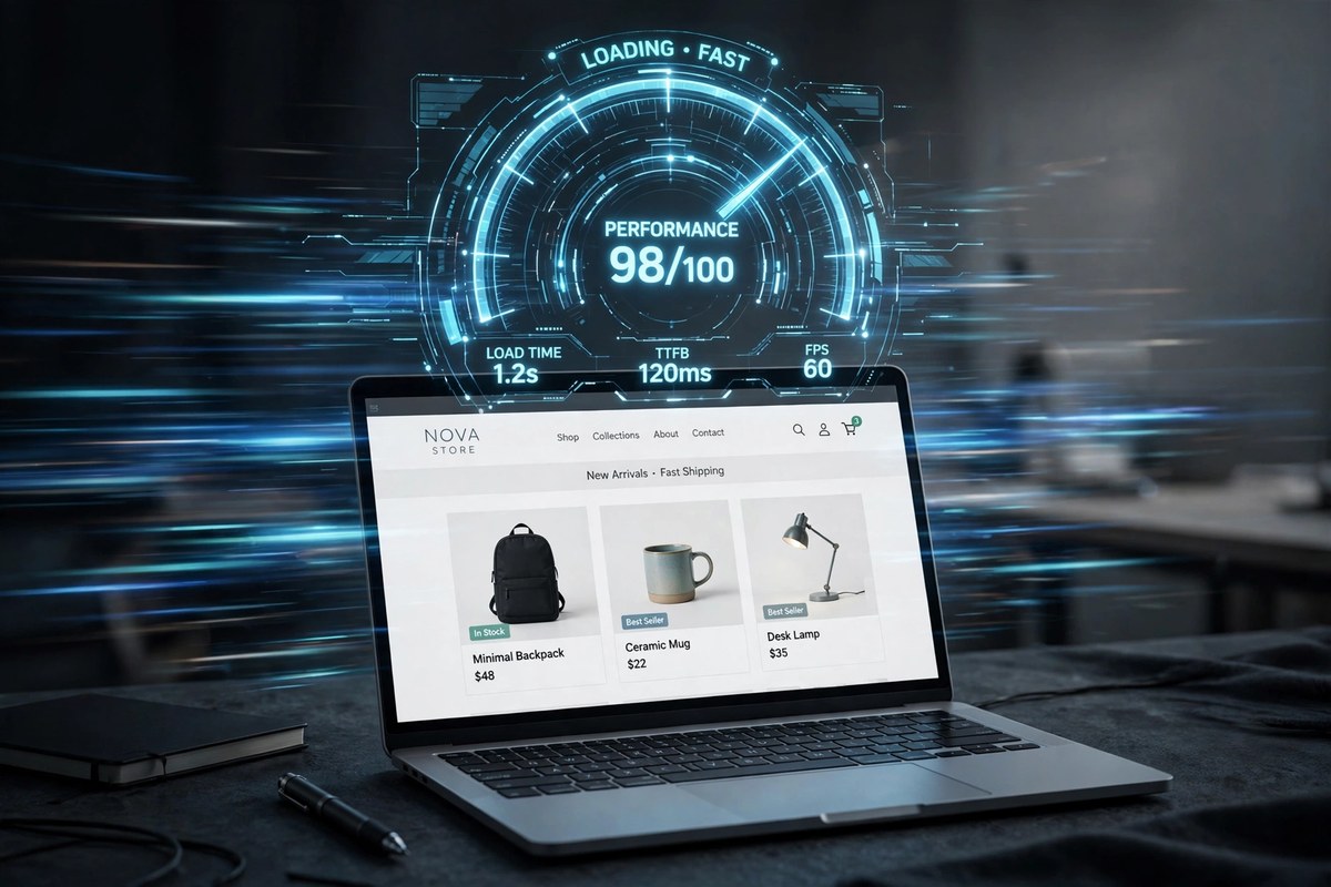 Speedometer gauge over a laptop showing an online store