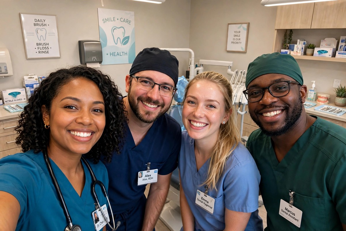 Dental team taking a friendly photo together for social media