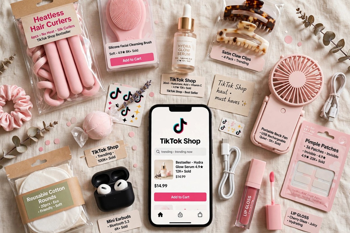 Flat-lay of trending TikTok Shop products with a smartphone