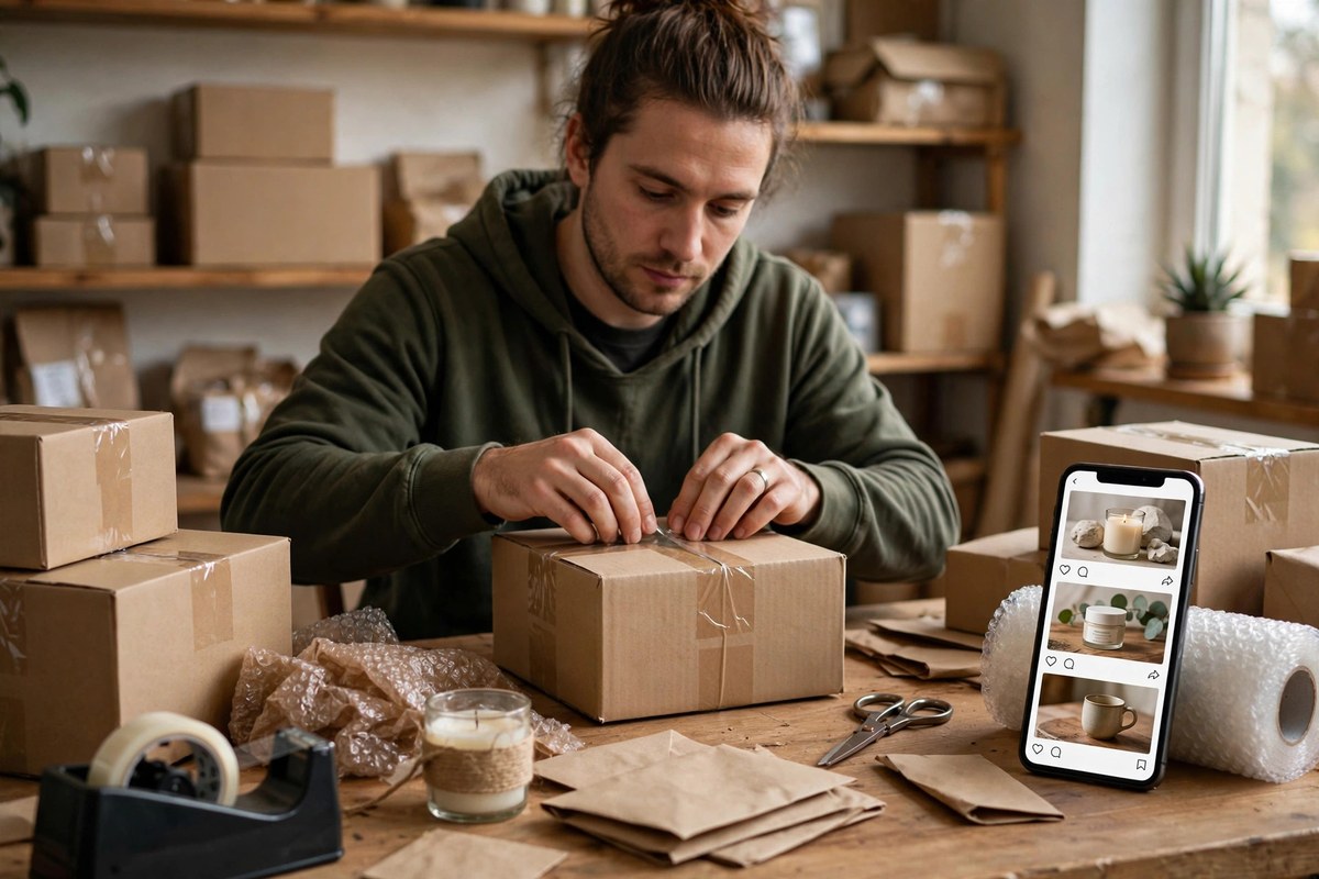 Small online store owner packing parcels with a smartphone showing social ads nearby