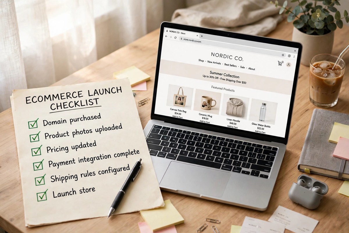 Checklist with green checkmarks beside a laptop showing an ecommerce store
