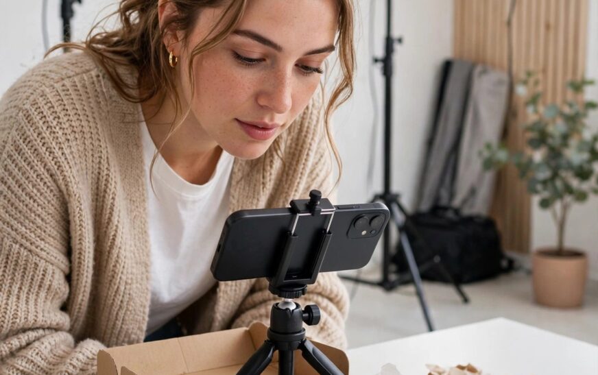 Content creator filming a product unboxing on a smartphone in a bright studio with softbox lighting