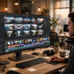 Marketer using the best AI video generators for marketing teams to edit an AI-generated video on a monitor in a modern office