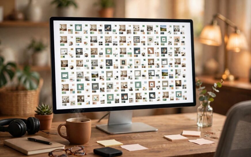 Small niche website owner building a programmatic SEO strategy for niche websites with a sitemap of generated pages on a monitor