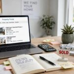 Digital marketing for real estate agents 2026: estate agent desk with laptop showing property listings, phone and sold sign