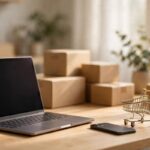 Ecommerce marketing workspace with laptop and smartphone showing online store cart beside product boxes