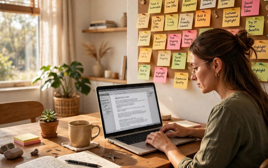 How to write AI prompts for ad copy: a marketer drafting ad headlines at a laptop
