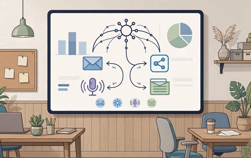 Marketing team dashboard visualising content distribution channels for a B2B blog