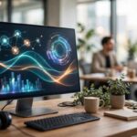 Marketing team workspace with an AI dashboard on screen where AI agents for marketing automation run live campaigns