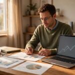 Small business owner reviewing marketing performance charts and revenue reports at a bright desk