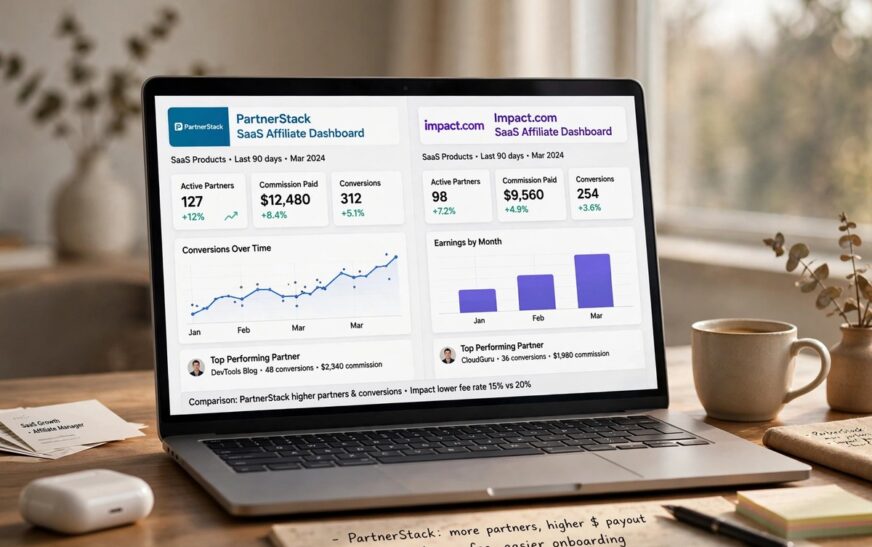 Comparison of the best affiliate networks for SaaS products on a laptop dashboard