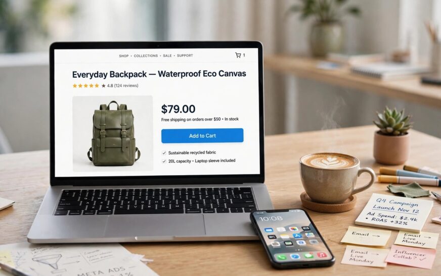 Product page copywriting that converts: laptop showing a high-converting e-commerce product page mockup