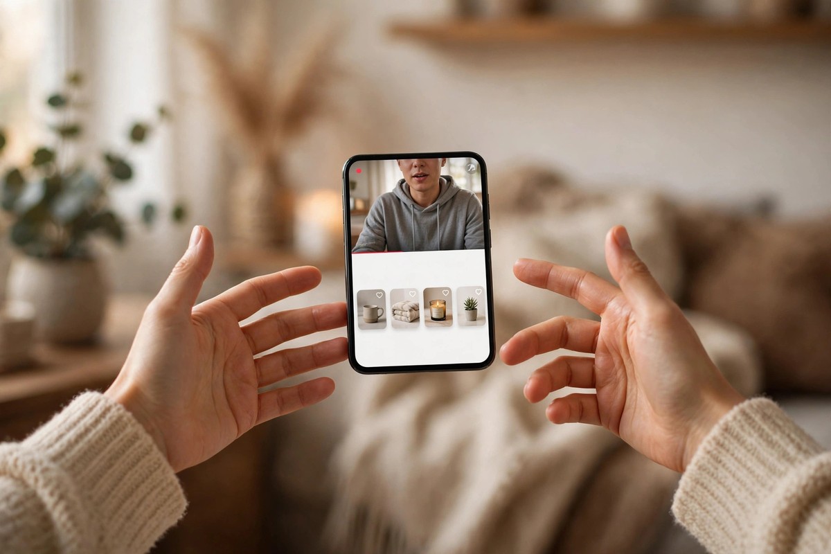 Smartphone showing a shopping livestream with affiliate marketing for TikTok Shop product cards while a creator gestures toward it