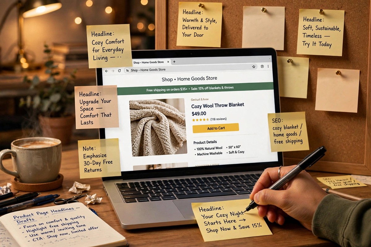 Copywriter drafting product page headlines on sticky notes around a laptop