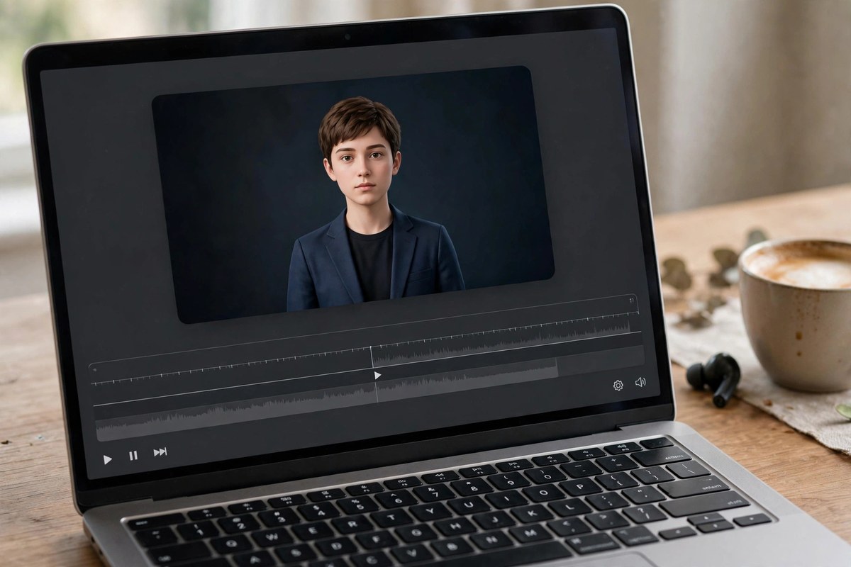 Generic AI avatar video generator interface mock-up on a laptop screen beside a desk
