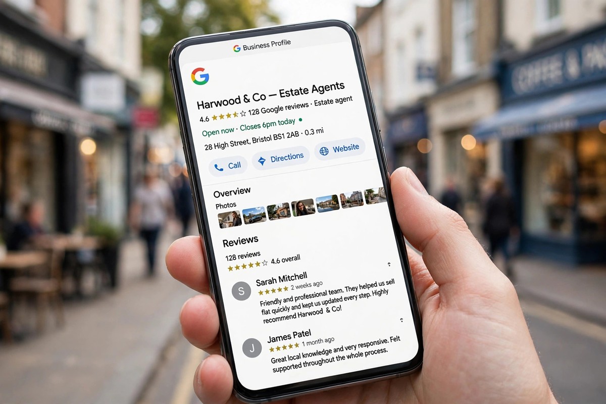Hand holding a phone showing a Google Business Profile for an estate agent