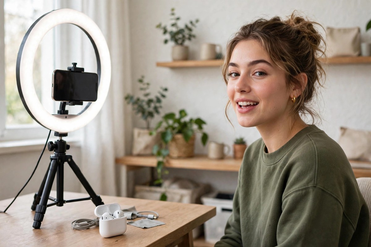 Creator filming a product review video with a smartphone and ring light in a home studio
