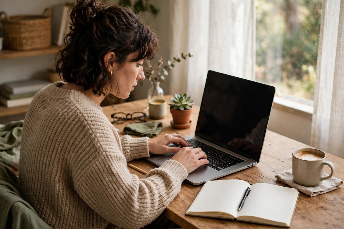 Creator writing a newsletter issue on a laptop with a notebook and coffee