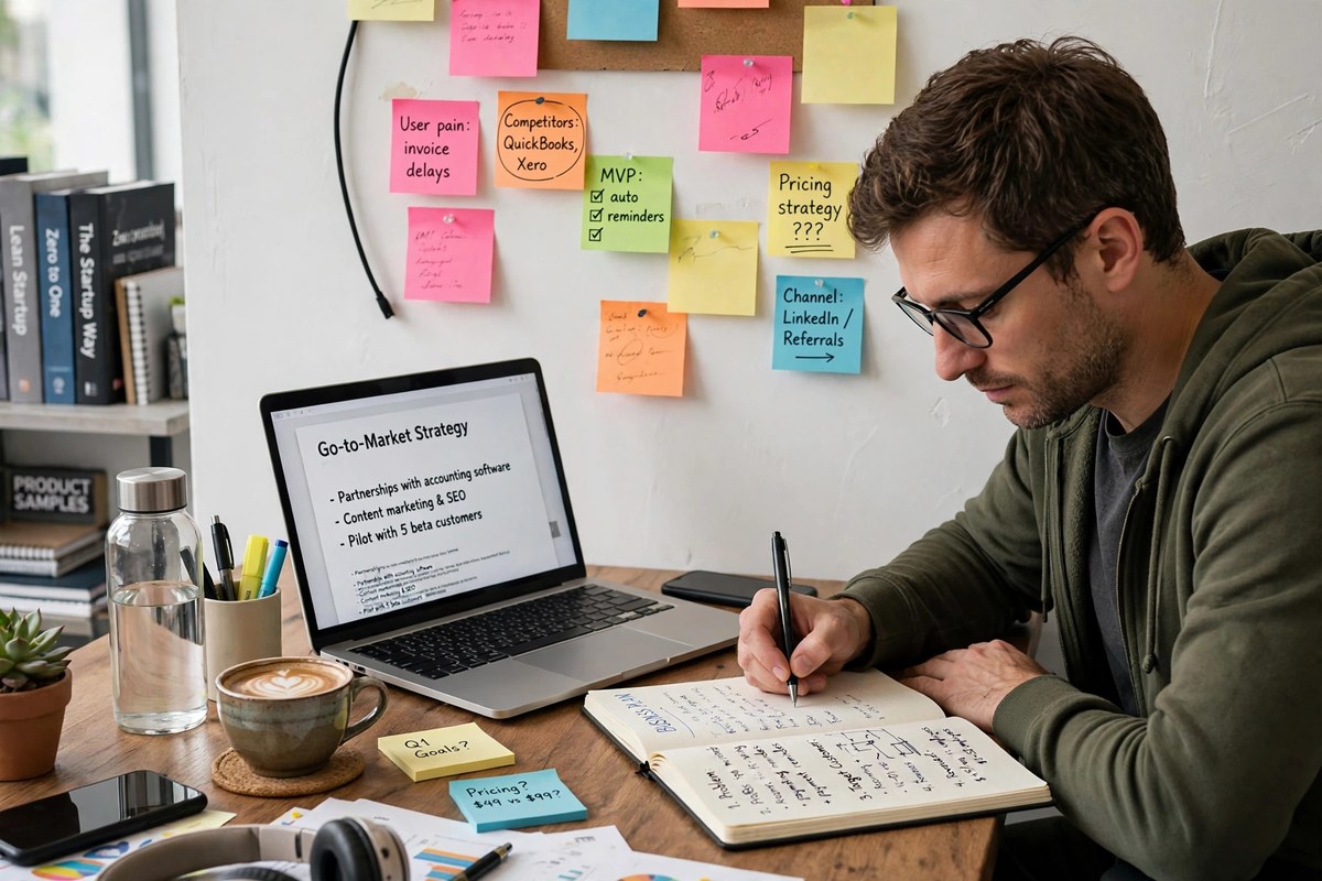 A founder writing a one-sentence buyer and offer plan in a notebook beside a laptop