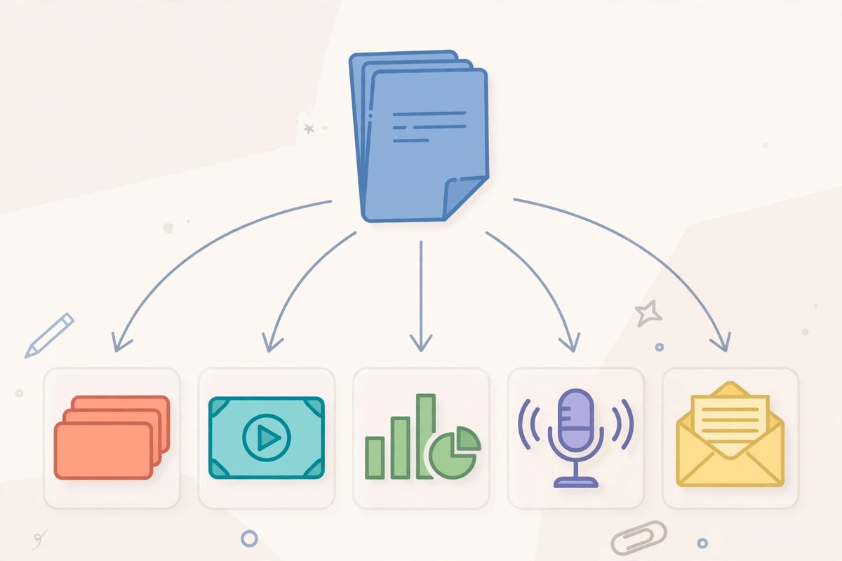 Diagram showing how a content distribution strategy for B2B blogs turns one article into seven repurposed outputs