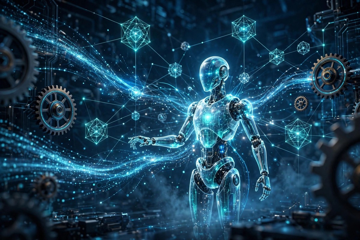 Abstract visualization of an AI agent workflow connecting data nodes in a tech environment