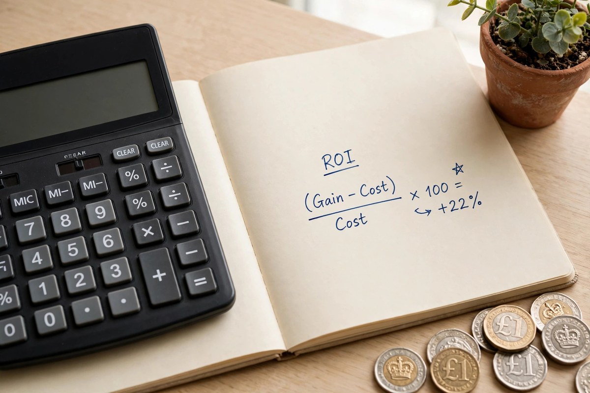 Calculator beside a notebook with a hand-sketched ROI formula, pound coins and a desk plant
