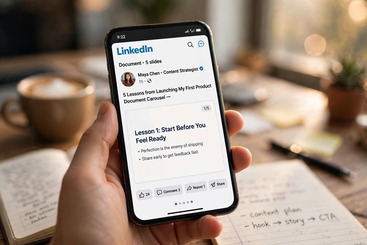 Hand holding a smartphone showing a native LinkedIn document carousel post with coffee and notebook nearby