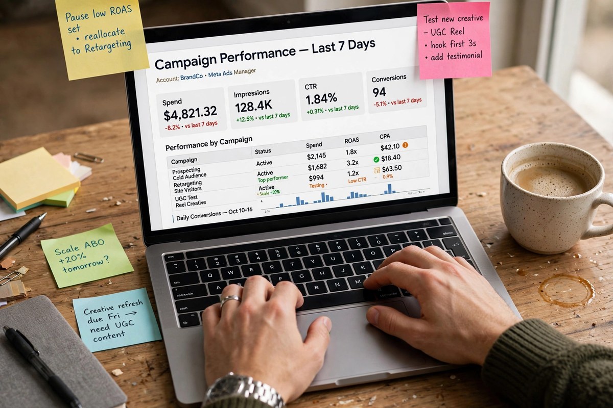 Media buyer reviewing asset group performance reports on a wide monitor