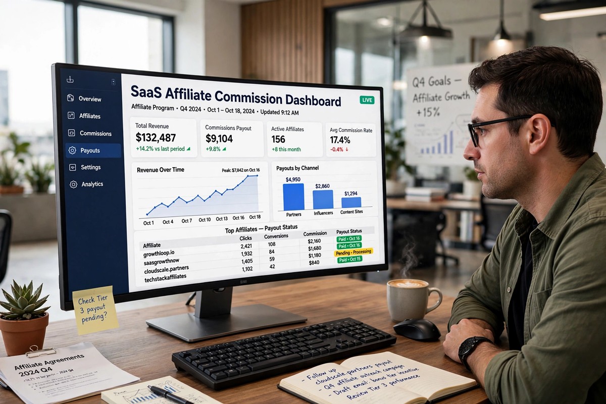 Marketer reviewing SaaS affiliate commission reports on a wide monitor