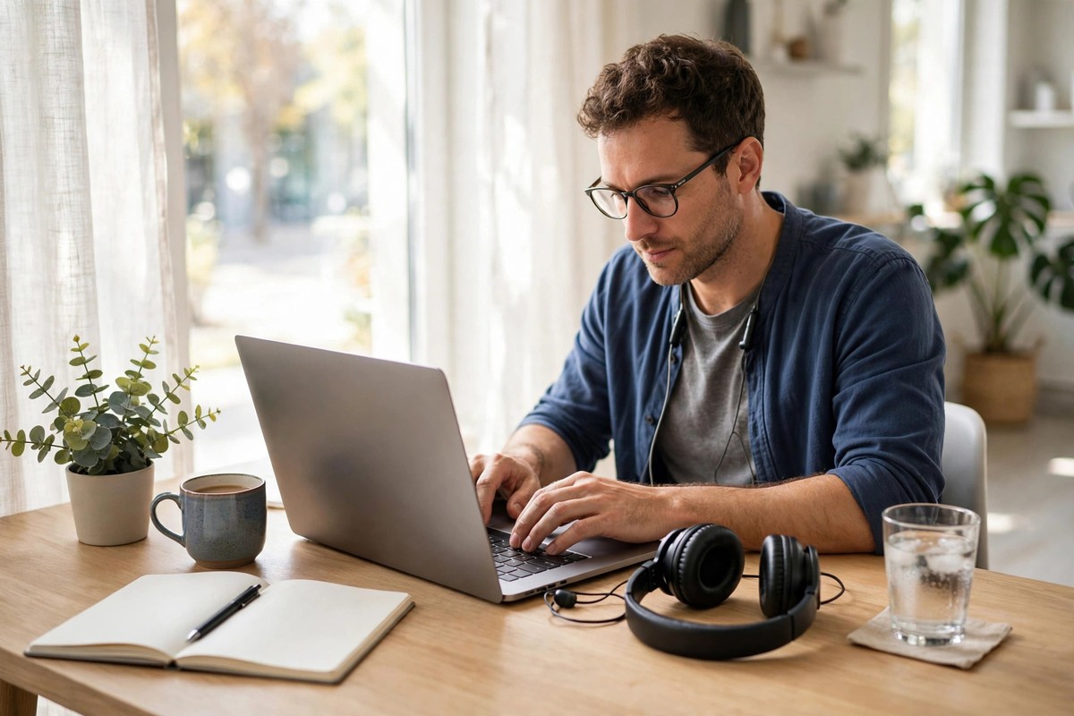 Content marketer transcribing a webinar recording into a blog post draft on a laptop