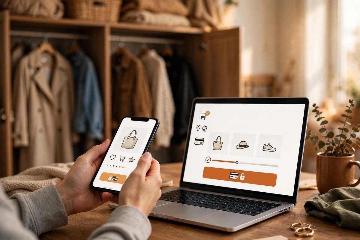 Shopper adding items to a cart on a smartphone while a checkout page sits open on a laptop