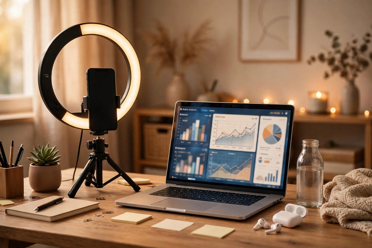 Creator desk with a phone on a tripod, ring light, and a laptop showing a commission analytics dashboard