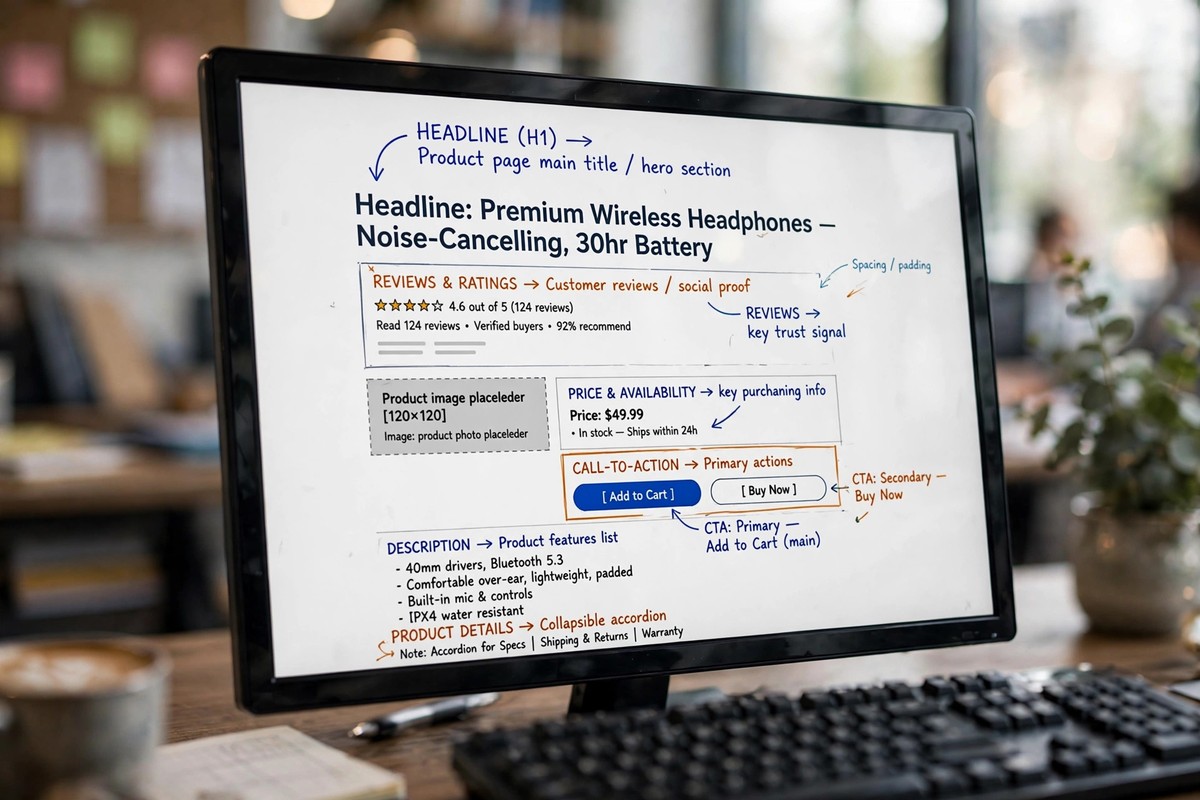 Annotated e-commerce product page wireframe with headline, reviews and call-to-action sections on a screen