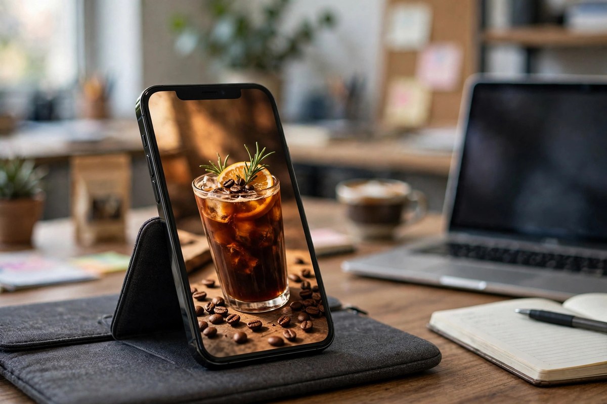 Smartphone on a desk showing a short-form vertical AI-generated advertisement creative