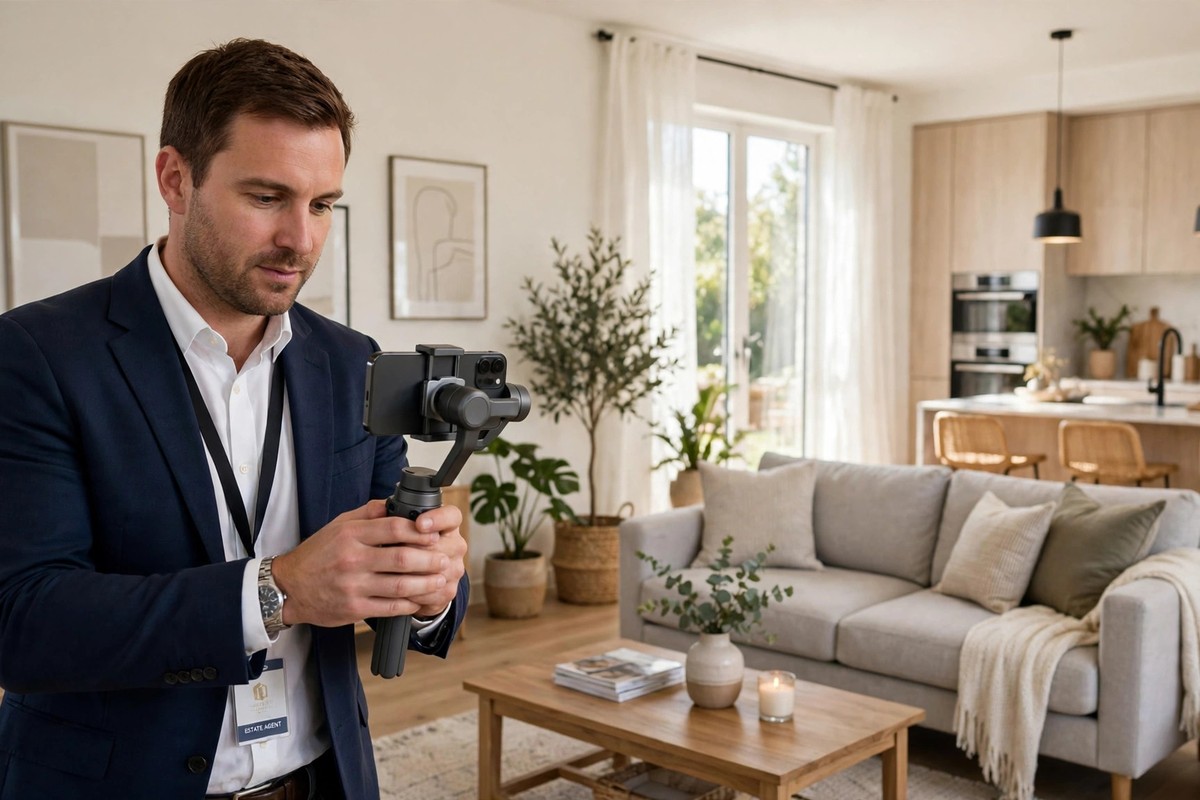 Estate agent filming a property walkthrough video with a phone on a gimbal