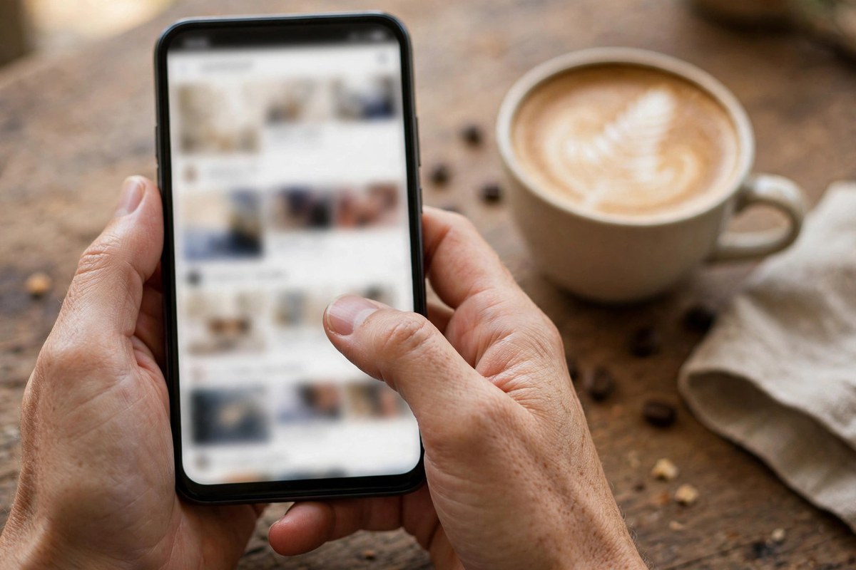 Person holding a smartphone and scrolling a social media feed over coffee