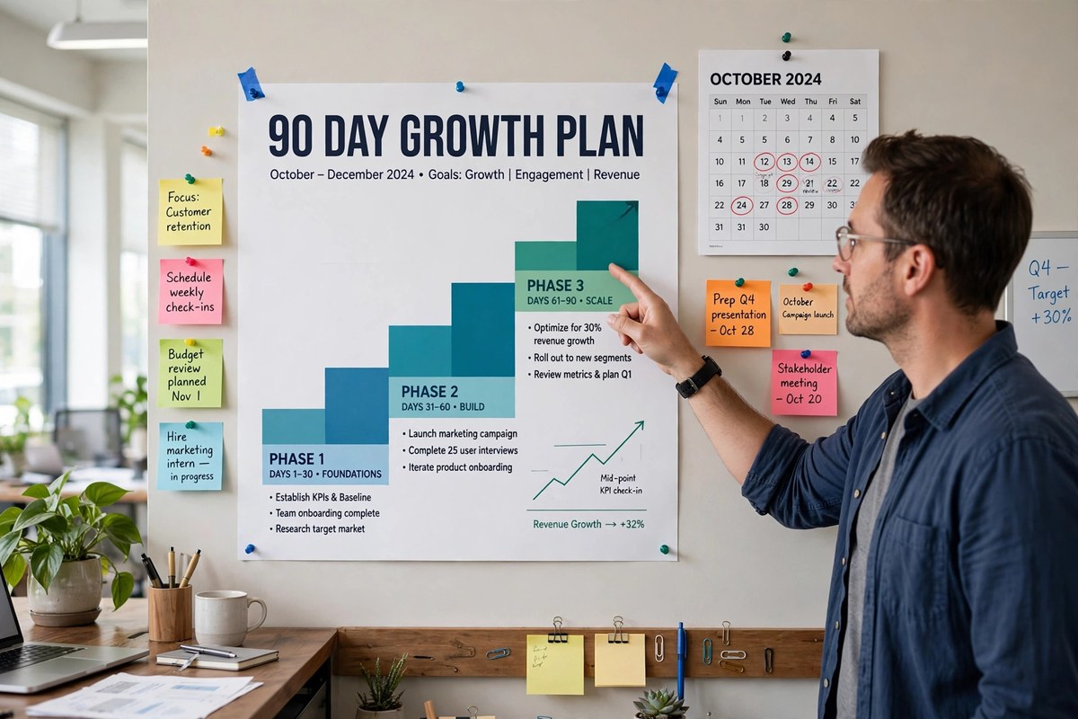 A simple 90 day growth plan chart pinned on an office wall with sticky notes
