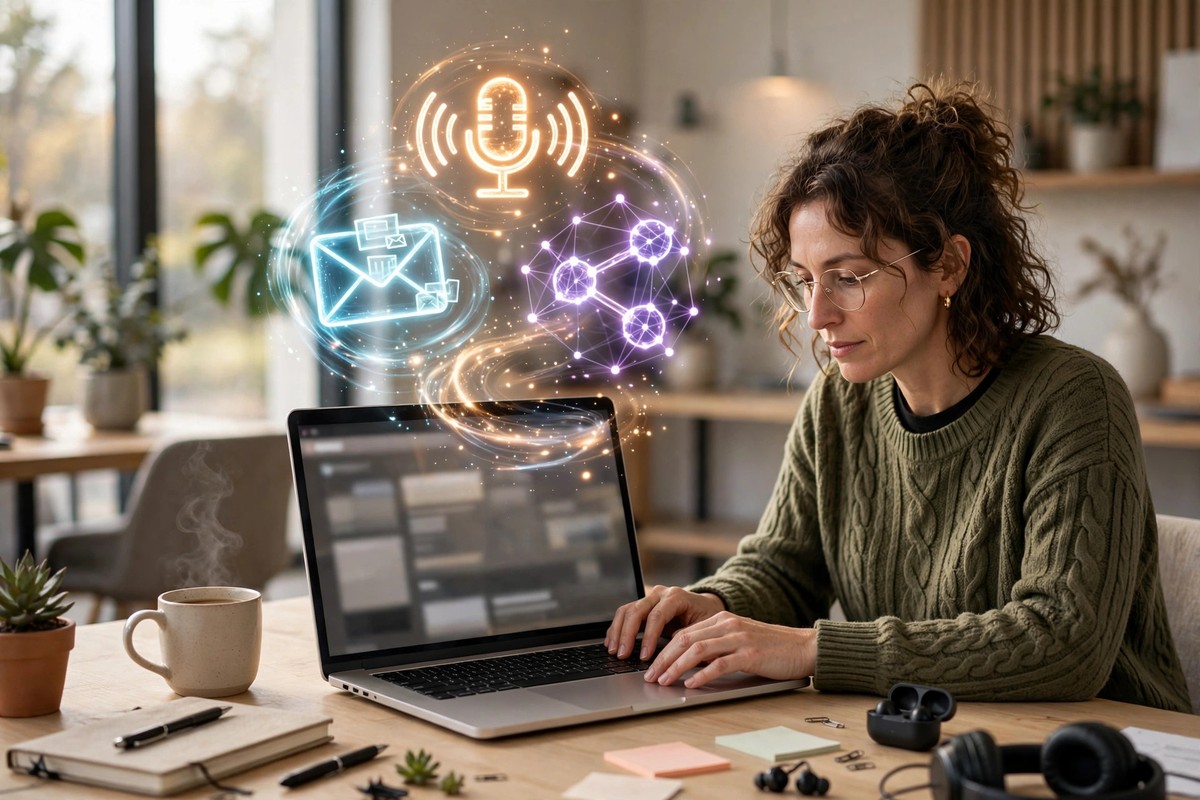 Person publishing a blog post on a laptop with email, social and podcast icons floating above