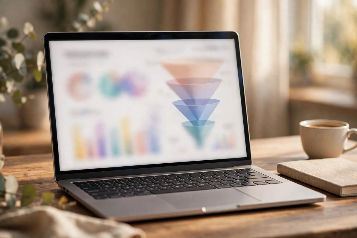 Laptop displaying an email automation dashboard in a marketing office