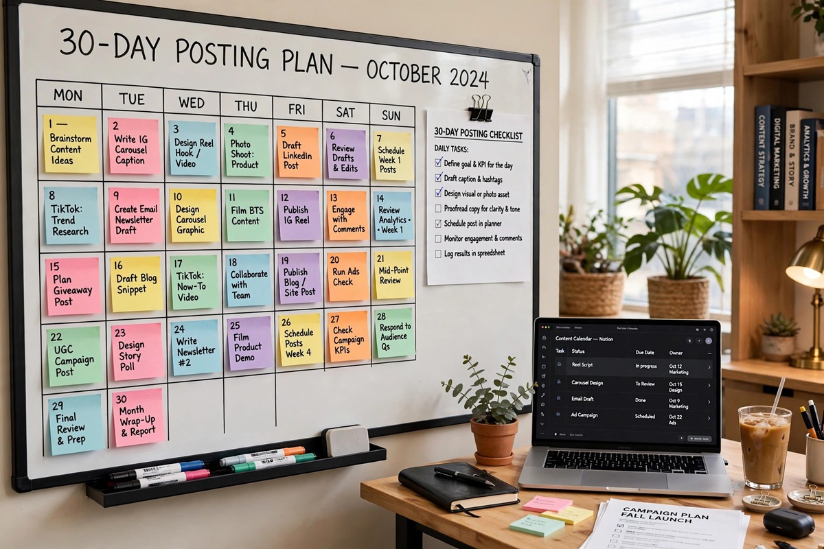 Whiteboard covered with a 30-day posting plan calendar of sticky notes in a marketing office